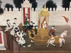 A South East Asian hand painted scene on fabric, depicting Thai Buddhist narrative, 72 x 92.5cm