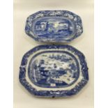 Two large late C19th blue and white oriental style meat plates, largest 54cm x 40cm