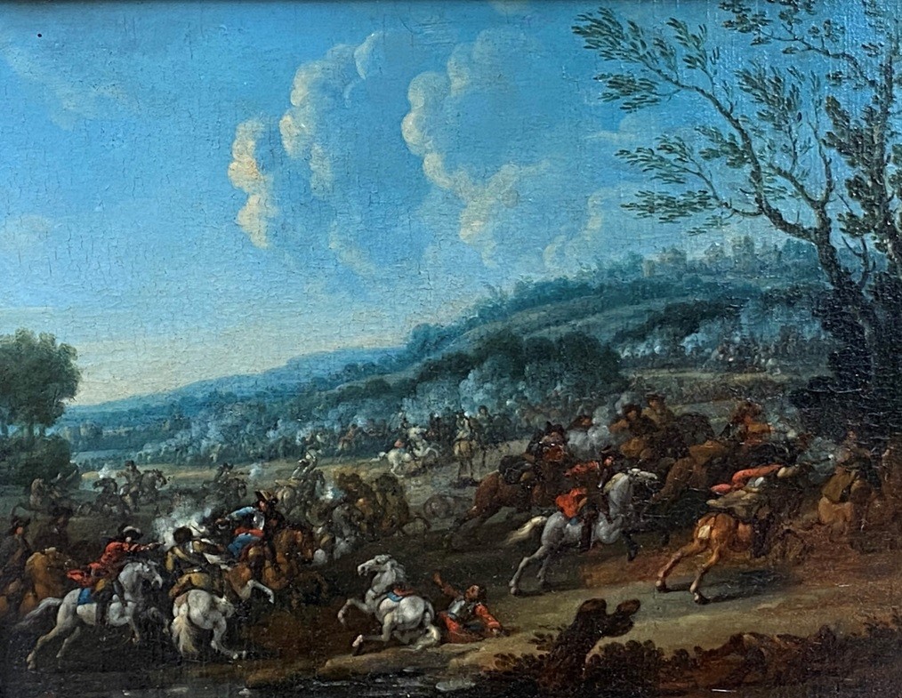 KAREL BREYDEL (1678-1733) , oil on board/panel, matched pair of Cavalry engagements, in matching - Image 2 of 21