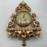 French giltwood cartel wall clock with domed glass white metal face with Arabic markers decorated