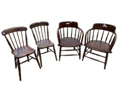 Pair of elm seated Windsor stick back chairs, and a pair of Windsor tub chairs, some wear