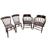 Pair of elm seated Windsor stick back chairs, and a pair of Windsor tub chairs, some wear