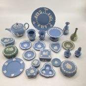 Large collection of Wedgewood Jasperware ceramic items blue and green examples to include teapot,