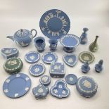 Large collection of Wedgewood Jasperware ceramic items blue and green examples to include teapot,