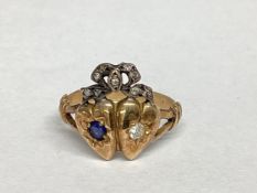 A 15ct gold hearts and Coronet Luckenbooth Style diamond and sapphire set ring, 3.45g