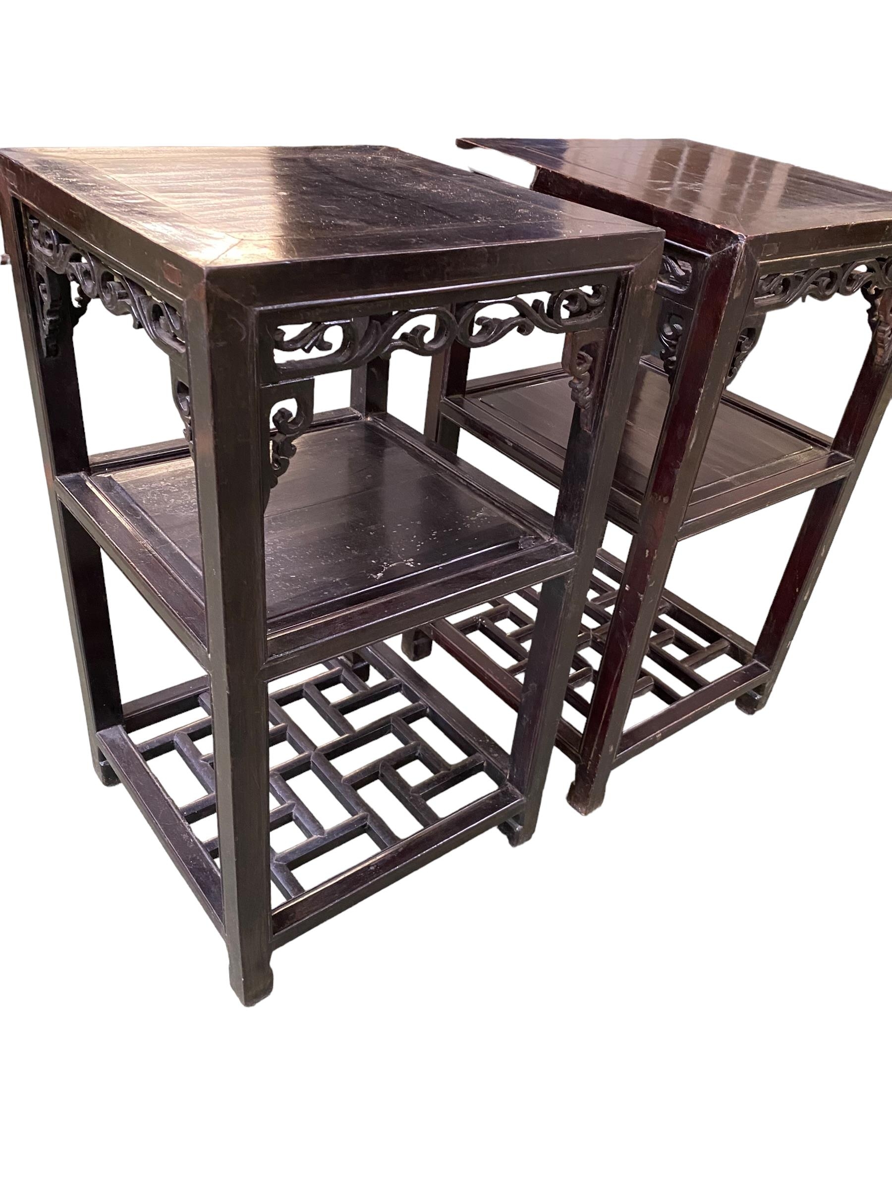 A pair of C19th/C20th Chinese hardwood side tables, carved frieze and fretwork stretcher base, 79 - Image 4 of 4