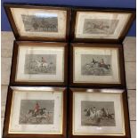 J F Herring, 1795-1865, a set of 6 hand coloured etching prints of racing and hunting scenes in