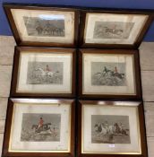 J F Herring, 1795-1865, a set of 6 hand coloured etching prints of racing and hunting scenes in