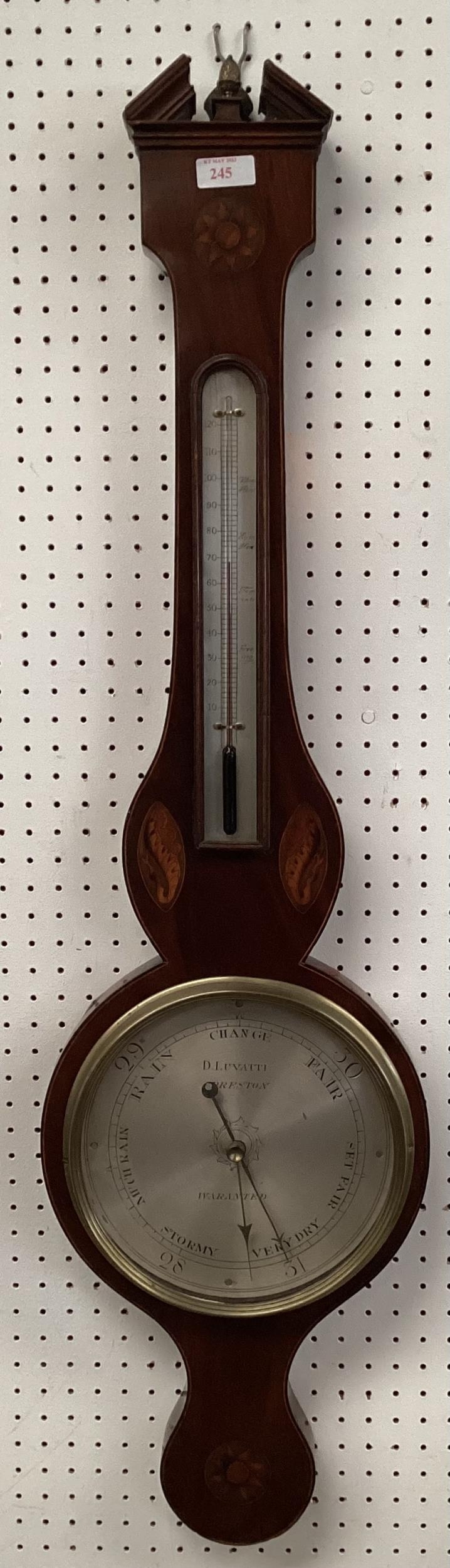 Mahogany string and shell inlaid banjo barometer by Luvatti of Preston 100cm