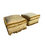 Pair of upholstered pouffe stools, in a gold draylon fabric, 75 x 75cm x 45H