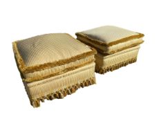 Pair of upholstered pouffe stools, in a gold draylon fabric, 75 x 75cm x 45H