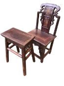 A Chinese hardwood chair with pierced fretwork frieze, together with a hardwood stool chair, 80 x 41