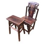 A Chinese hardwood chair with pierced fretwork frieze, together with a hardwood stool chair, 80 x 41