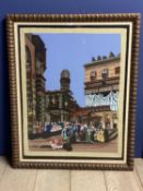 Middle Eastern school, embroidery silk on papyrus of an Egyptian street scene in a gilded glazed