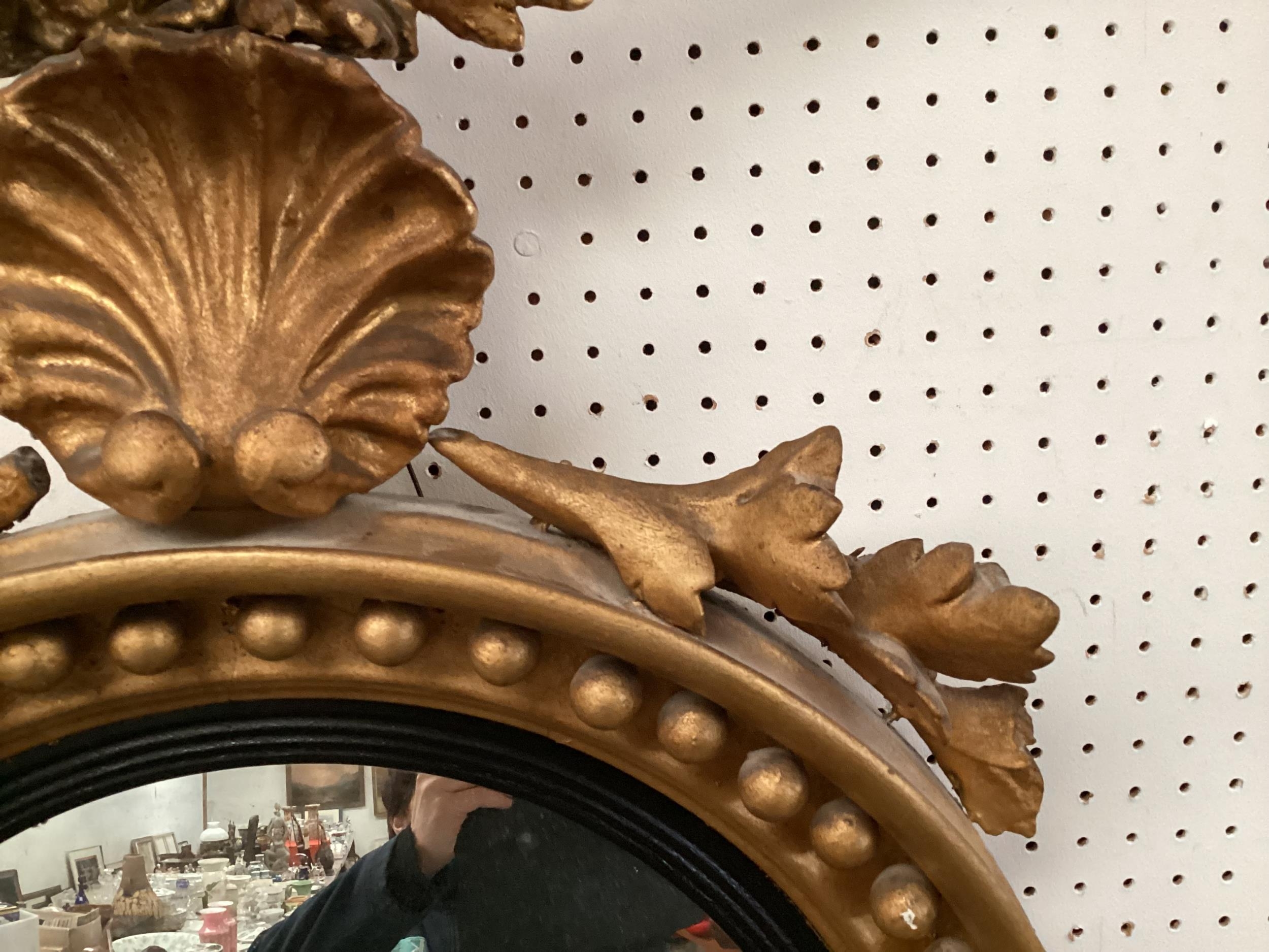 An antique Irish Style, gilt gesso convex circular wall mirror, with ball decoration beneath an - Image 4 of 6