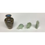 A small cloisonne vase, and a small glass elephant and a jade hardstone items