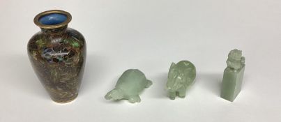 A small cloisonne vase, and a small glass elephant and a jade hardstone items