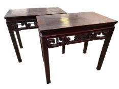 A pair of C19th style Chinese hardwood Alter or side tables with pierced and carved friezes on