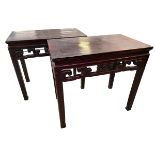 A pair of C19th style Chinese hardwood Alter or side tables with pierced and carved friezes on