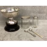 A Swedish silver footed bowl on turned wooden socle base, stamped 830. A. Westerbom together with