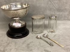 A Swedish silver footed bowl on turned wooden socle base, stamped 830. A. Westerbom together with