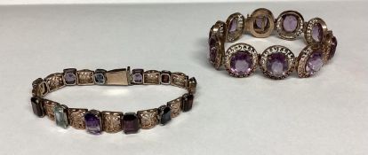 An unmarked yellow metal late C19th amethyst set bracelet and an unmarked yellow metal gem set