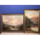 Two large Scottish oil paintings by the same hand, cattle watering, and a castle in a glen, 116 x 72