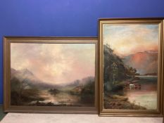 Two large Scottish oil paintings by the same hand, cattle watering, and a castle in a glen, 116 x 72