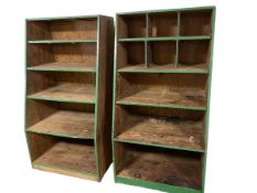 Two similar, Vintage, large tiered bookcases, also used as shop display stands, and cutlery