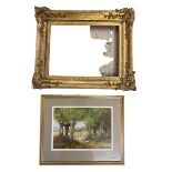 A carved gilt picture frame, and an unsigned watercolour of figures in a landscape