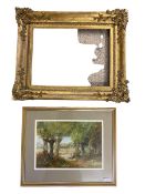 A carved gilt picture frame, and an unsigned watercolour of figures in a landscape