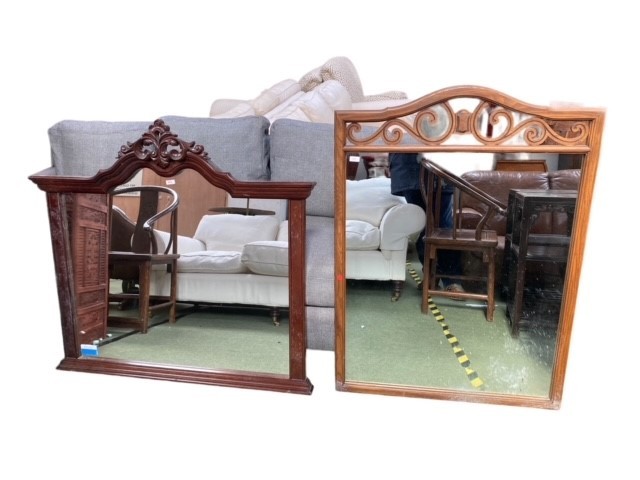 Two large wooden mirrors, the first large wooden framed wall mirror, with scrolling arched frieze to - Image 2 of 2