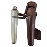 A Gentleman's leather conical saddle flask, with a glass liner with plated hinged collar,