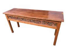 An early C20th Chinese hard wood side or alter table, stylised pierced frieze on square legs, 160