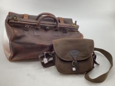 Waxed Barbour cartridge bag, together with a late C19th/early C20th century leather Gladstone