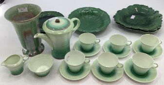 A Shelley coffee set together with a Shelley vase and a collection of cabbage ware plates.