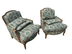 Pair of good large contemporary wooden framed armchairs upholstered in a blue and white fabric