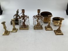 A collection of metalware to include a cast brass stand, two samovars and other items.
