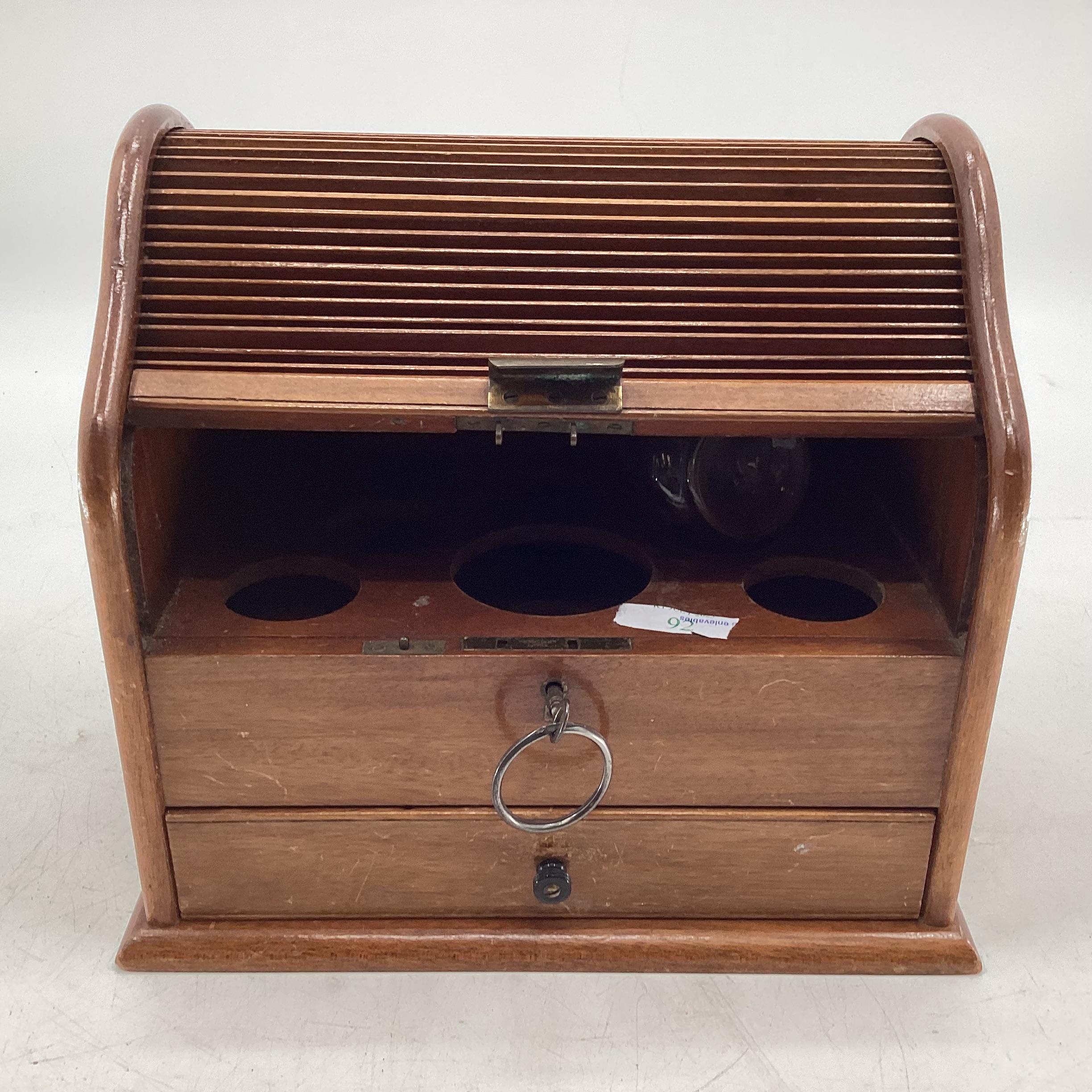 A Tambour fronted mahogany desk top apothecary box. 27cm x 24cm 19cm.