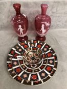 A collection of Royal Crown Derby items together with two etched cranberry glass vases manner of