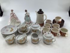 A Royal Worcester figure together with a similar Coalport example, a Badler coffee set and other