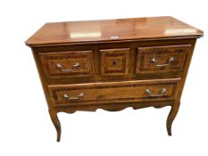 A Continental C19th walnut veneer, four drawer chest on sabre legs, canted corners, 87cm w x 44cmd x