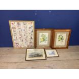 Pair of maple framed botanical prints, and a modern framed alphabet poster, and two other pictures