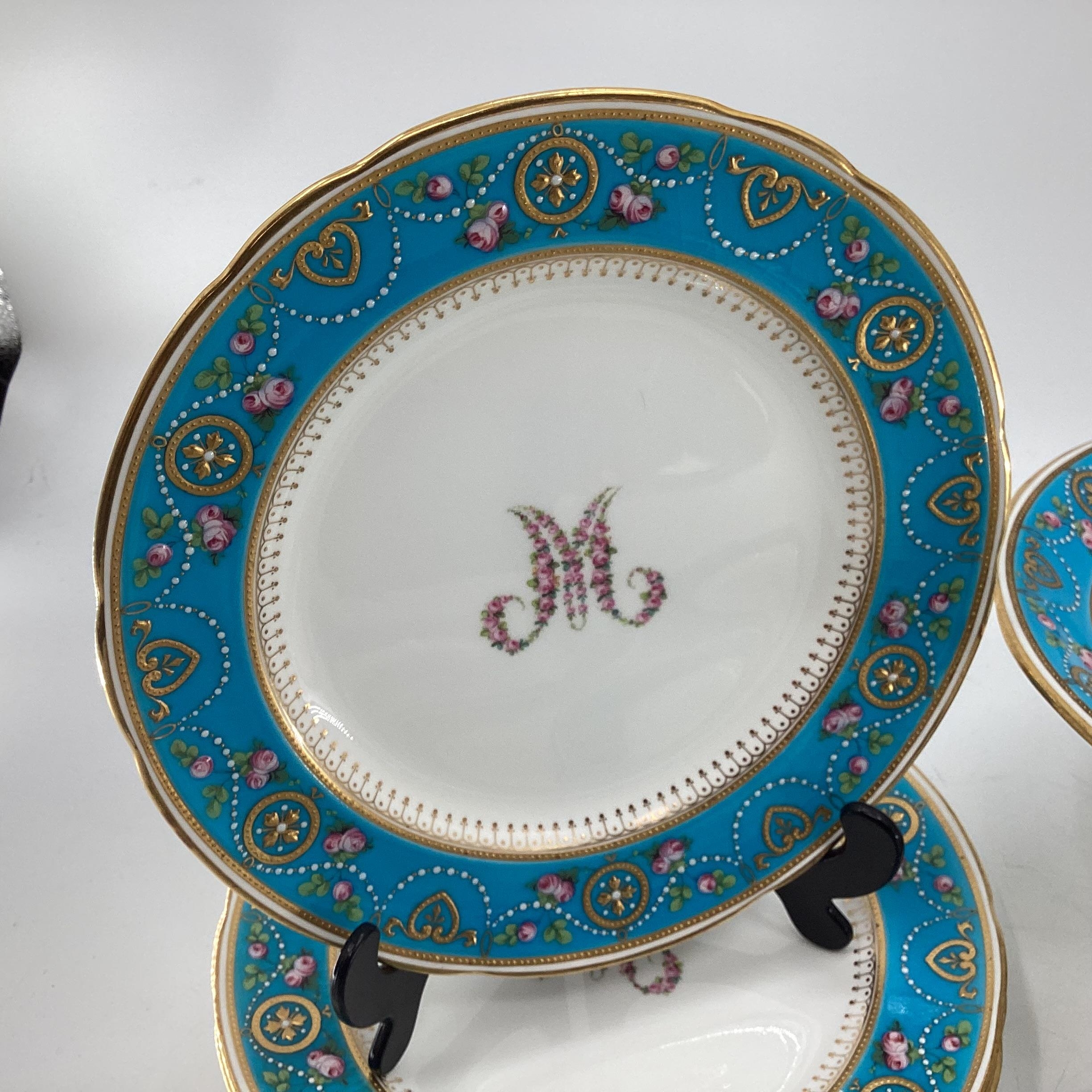 A Minton jewel ware part dining service, Taza(AF) and twelve plates. Retailed by Thomas Goode and Co - Image 9 of 11