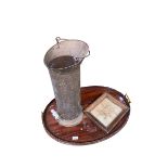 An Edwardian brass handled inlaid tray, a scuttle and a small framed silk