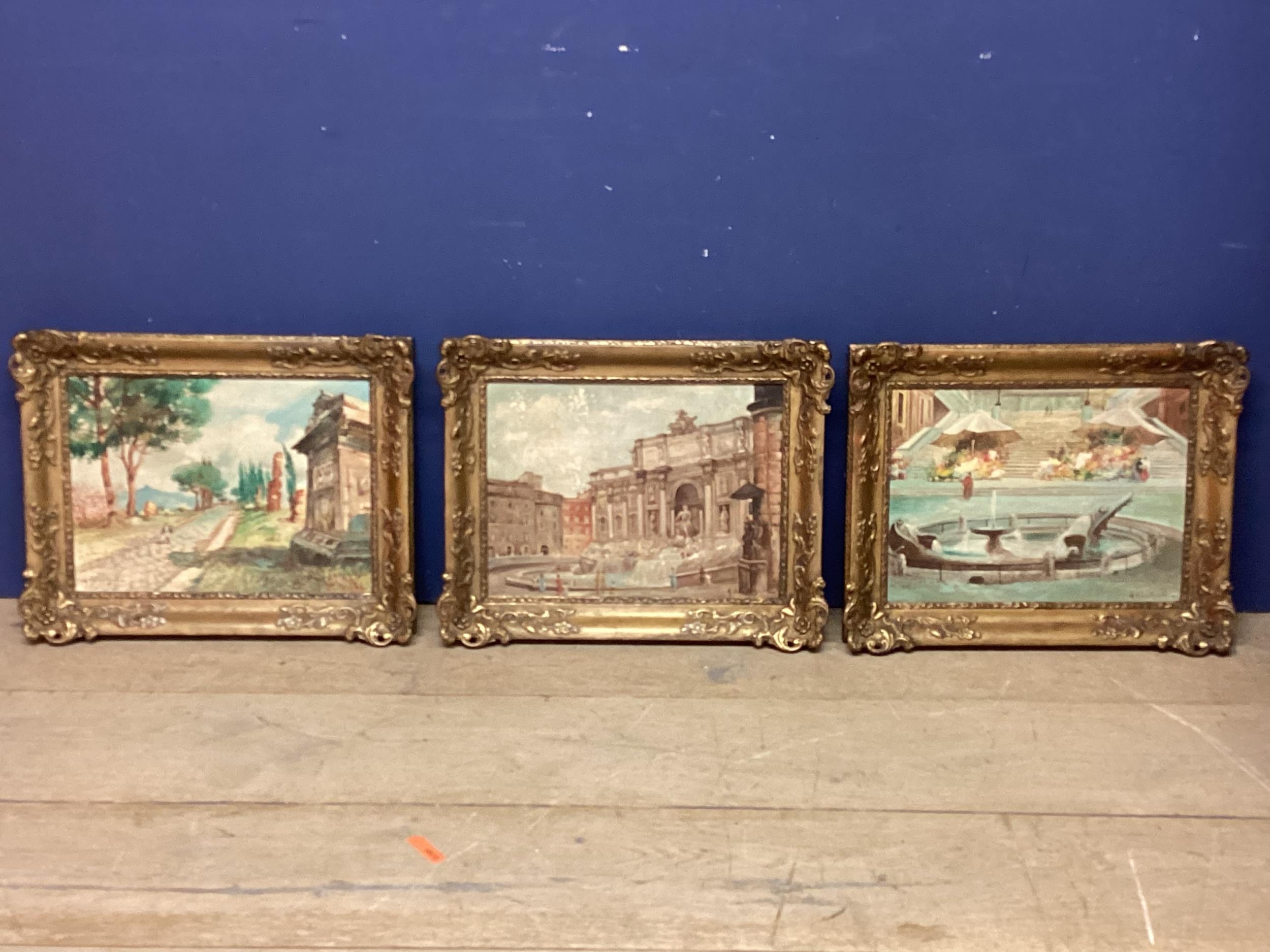 A BELURDINELLI, Italian, Set of three, oil on boards of an Italian garden and Italian city