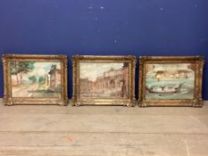 A BELURDINELLI, Italian, Set of three, oil on boards of an Italian garden and Italian city