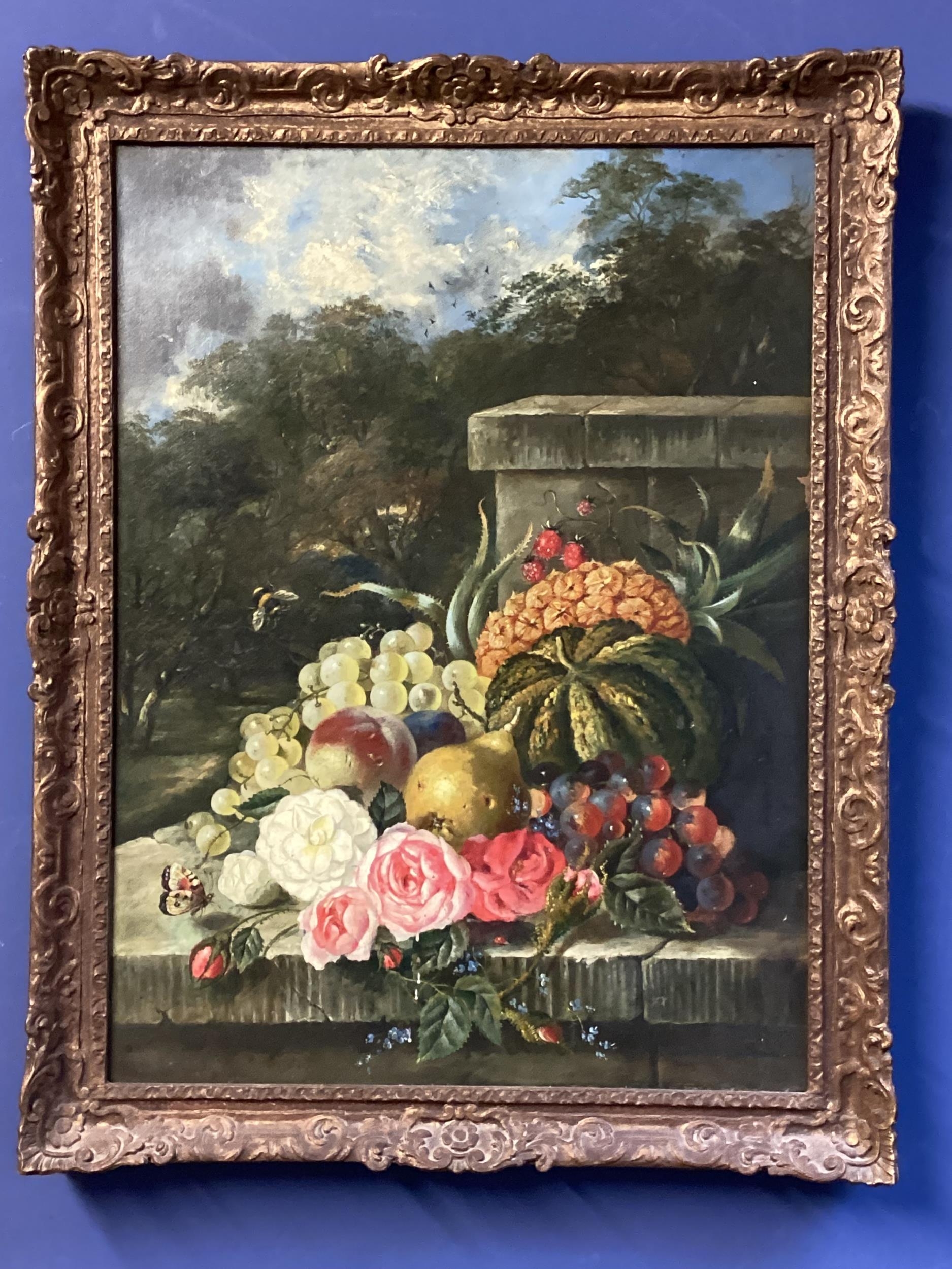 Late C19th oil on canvas still life of flowers, fruit and butterflies, in classical landscape, in