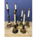 Three pairs of various decorative lamp bases, and a metal column lamp on tripod base