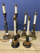 Three pairs of various decorative lamp bases, and a metal column lamp on tripod base